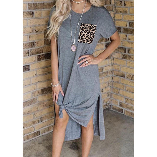 Women's Leopard Print Pocket Short Sleeve Slit T-shirt Dress