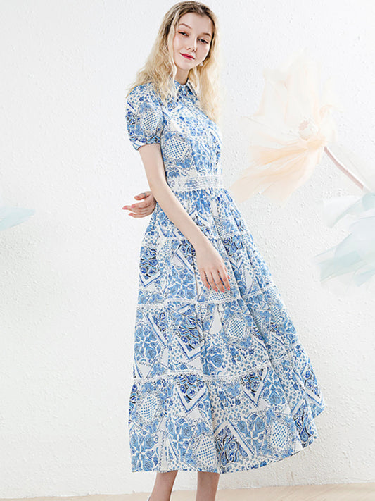 New blue chiffon floral dress vintage light mature style waist-skimming maxi dress