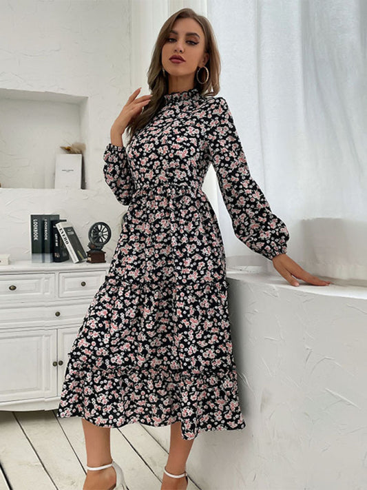 Women's mid -length semi -high -neck wrinkles print dress