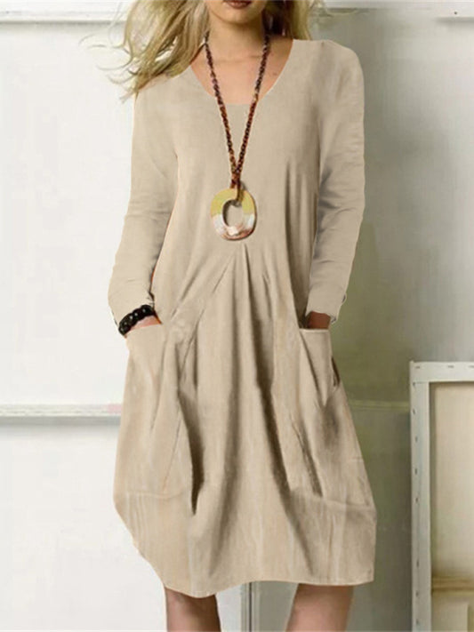 Women's Solid Color V Neck Pocket A Line Dress