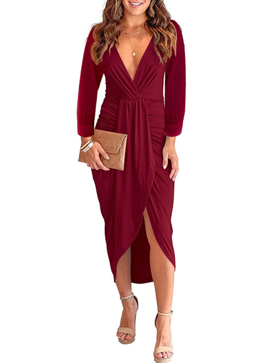 Women's Solid Color Pleated Long Sleeve Faux Wrap Midi Dress