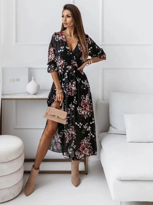 Women's Floral-print V-neck Long-sleeve Midi Dress