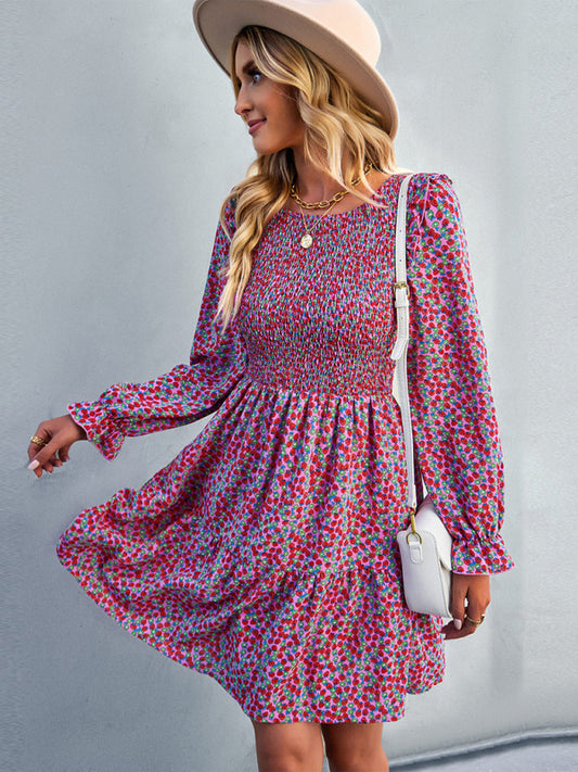Round neck floral dress spring and summer long-sleeved all-match A-line skirt