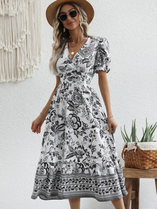 All-over positioning print printed puff-sleeved maxi-neck dress