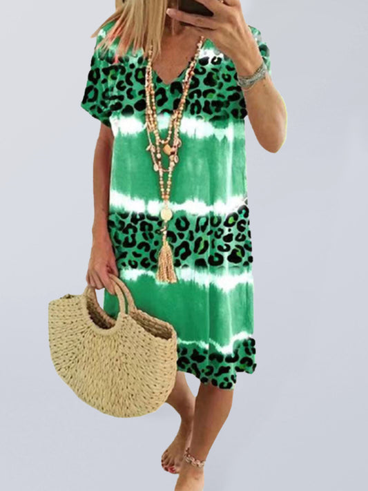 Women's Tie-dye Color Block Leopard Print-shirt Dress