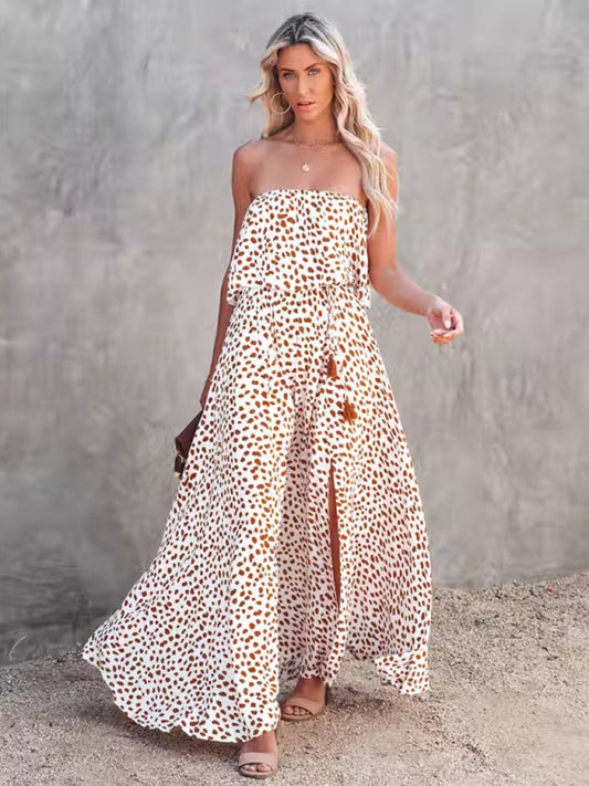 Women's Dot Print Strapless Linen And Silk Slit Maxi Dress