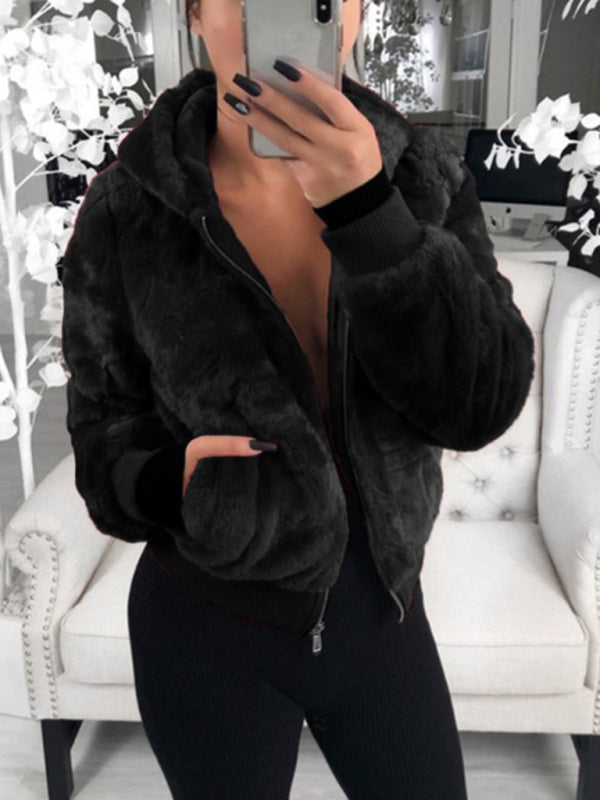 Autumn and winter furry long-sleeved hooded plush top long coat