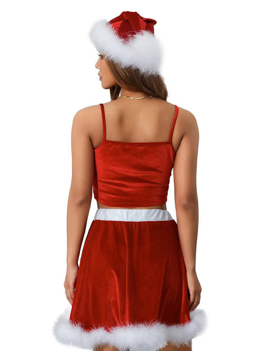 New off-shoulder Christmas red suspender feather Christmas skirt (including hat)