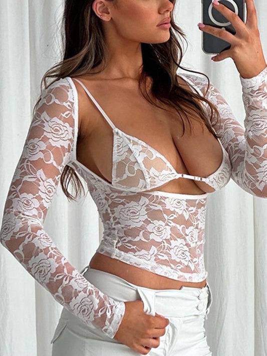 Women's new sexy hottie see-through lace top low-cut high-elastic tight top long-sleeved inner wear